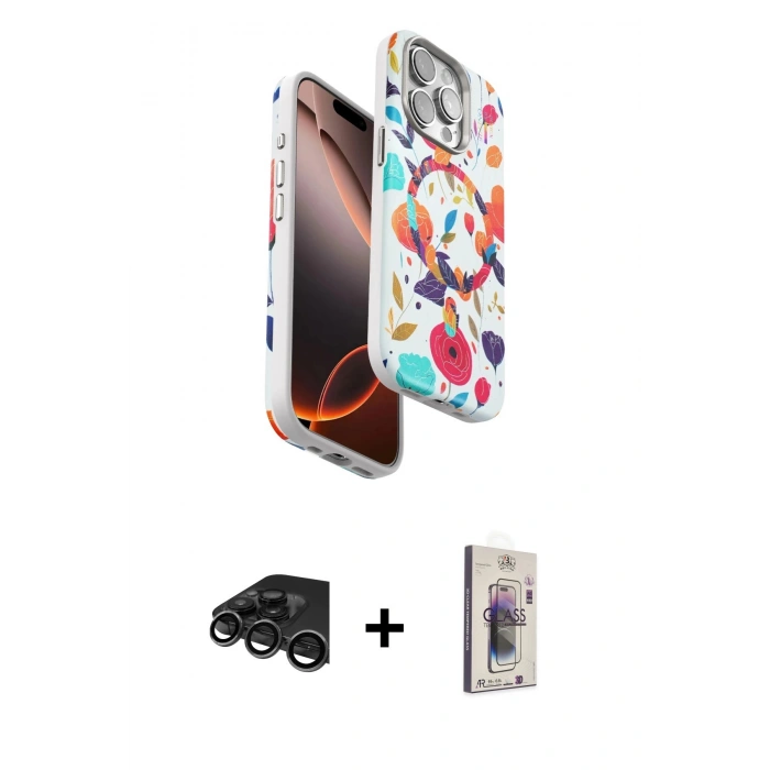 MARSİLYAN™- iPhone 15 Pro Kılıf Siluet Doku - Siyah Bilvis 3D Cam Ekran Koruyucu + Raze Metal Kamera Lens - TMGI