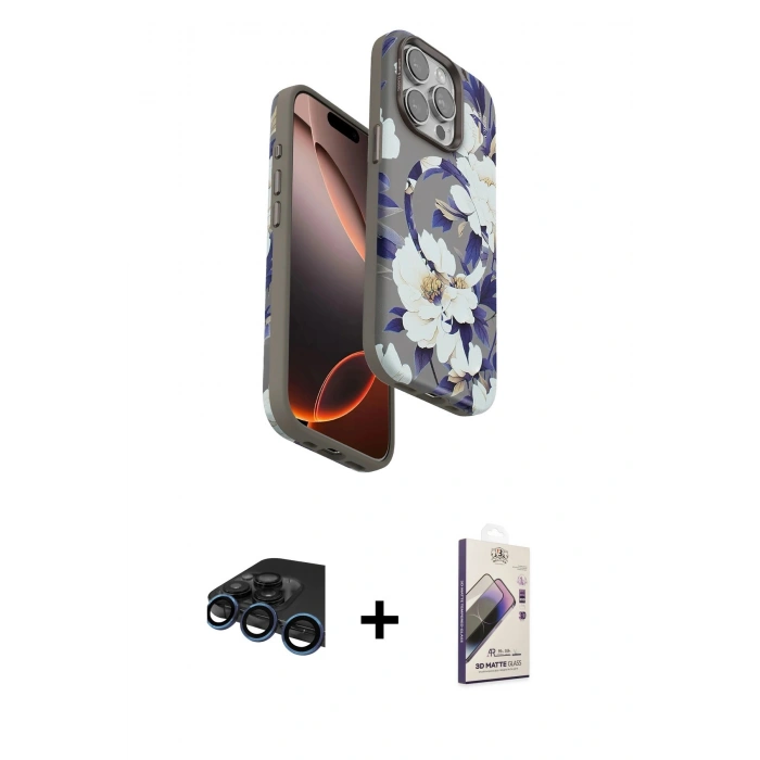 MARSİLYAN™- iPhone 15 Pro Kılıf Siluet Doku - Siyah Bilvis 3D Mat Cam Ekran Koruyucu + Raze Metal Kamera Lens - LT