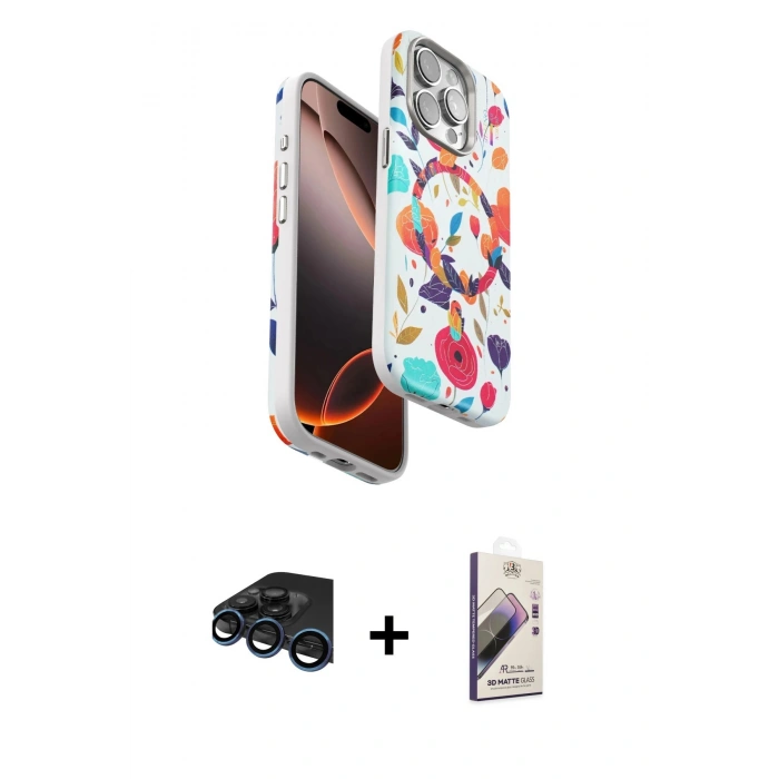 MARSİLYAN™- iPhone 15 Pro Kılıf Siluet Doku - Siyah Bilvis 3D Mat Cam Ekran Koruyucu + Raze Metal Kamera Lens - LT