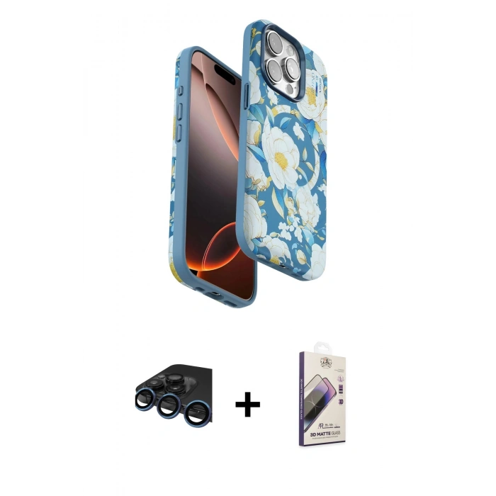 MARSİLYAN™- iPhone 15 Pro Kılıf Siluet Doku - Siyah Bilvis 3D Mat Cam Ekran Koruyucu + Raze Metal Kamera Lens - LT