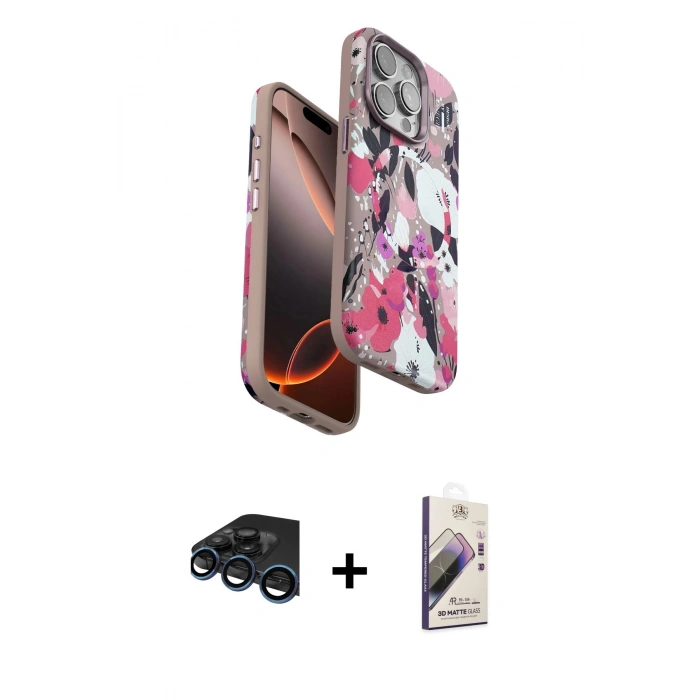 MARSİLYAN™- iPhone 15 Pro Kılıf Siluet Doku - Siyah Bilvis 3D Mat Cam Ekran Koruyucu + Raze Metal Kamera Lens - LT