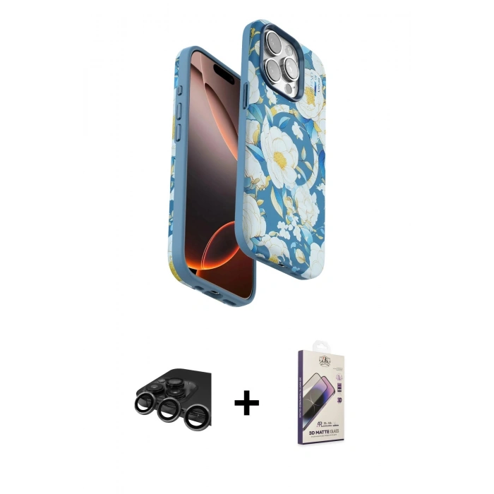MARSİLYAN™- iPhone 15 Pro Kılıf Siluet Doku - Siyah Bilvis 3D Mat Cam Ekran Koruyucu + Raze Metal Kamera Lens - TMGI