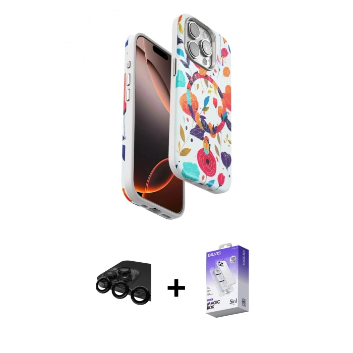 MARSİLYAN™- iPhone 15 Pro Kılıf Siluet Doku - Siyah Bilvis 5in1 3D Magic Cam Ekran Koruyucu + Raze Metal Kamera Lens - SH