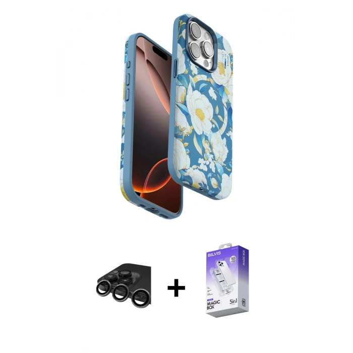 MARSİLYAN™- iPhone 15 Pro Kılıf Siluet Doku - Siyah Bilvis 5in1 3D Magic Cam Ekran Koruyucu + Titanyum Gri Raze Metal Kamera Lens