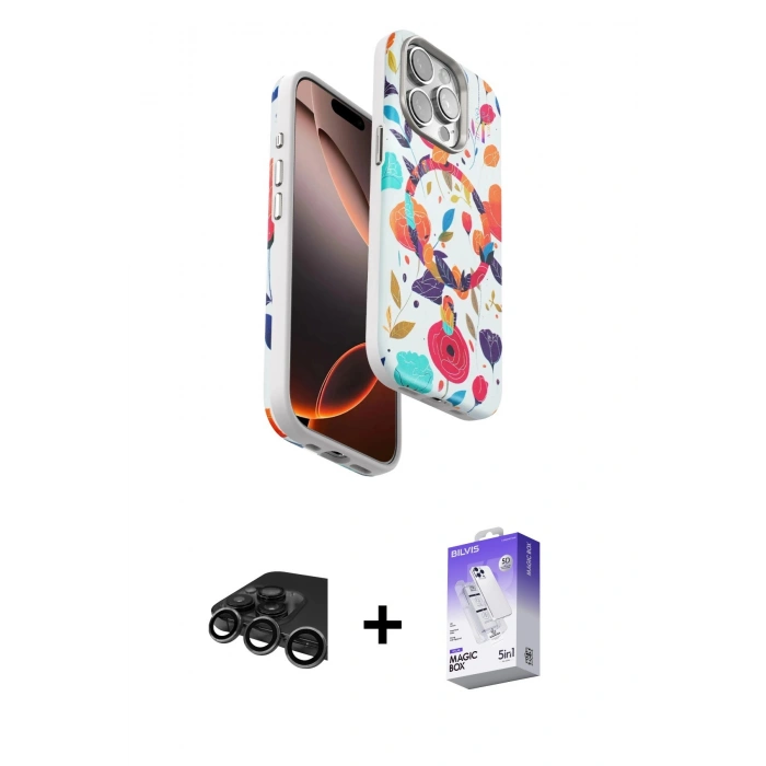 MARSİLYAN™- iPhone 15 Pro Kılıf Siluet Doku - Siyah Bilvis 5in1 3D Magic Cam Ekran Koruyucu + Titanyum Gri Raze Metal Kamera Lens