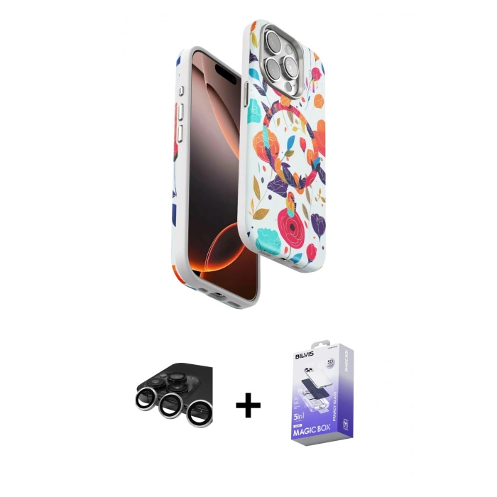MARSİLYAN™- iPhone 15 Pro Kılıf Siluet Doku - Siyah Bilvis 5in1 5D Magic Hayalet Cam Ekran Koruyucu + Raze Metal Kamera Lens - GS
