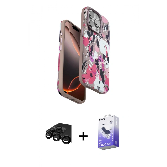 MARSİLYAN™- iPhone 15 Pro Kılıf Siluet Doku - Siyah Bilvis 5in1 5D Magic Hayalet Cam Ekran Koruyucu + Siyah Raze Metal Kamera Lens