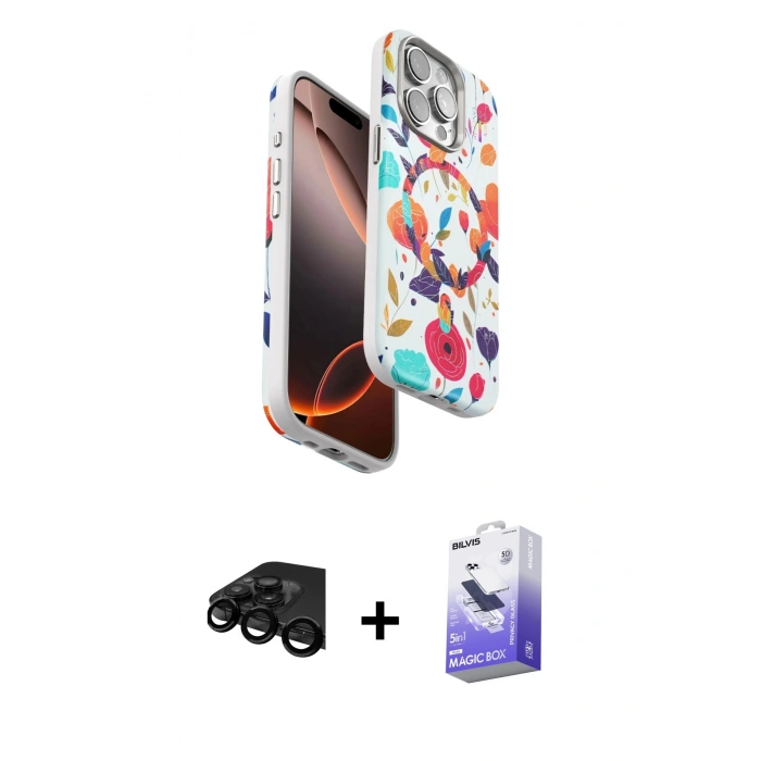 MARSİLYAN™- iPhone 15 Pro Kılıf Siluet Doku - Siyah Bilvis 5in1 5D Magic Hayalet Cam Ekran Koruyucu + Siyah Raze Metal Kamera Lens