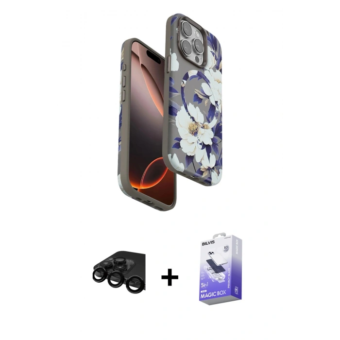 MARSİLYAN™- iPhone 15 Pro Kılıf Siluet Doku - Siyah Bilvis 5in1 5D Magic Hayalet Cam Ekran Koruyucu + Siyah Raze Metal Kamera Lens
