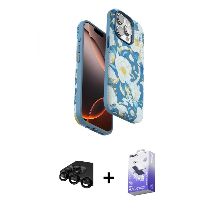 MARSİLYAN™- iPhone 15 Pro Kılıf Siluet Doku - Siyah Bilvis 5in1 5D Magic Hayalet Cam Ekran Koruyucu + Siyah Raze Metal Kamera Lens