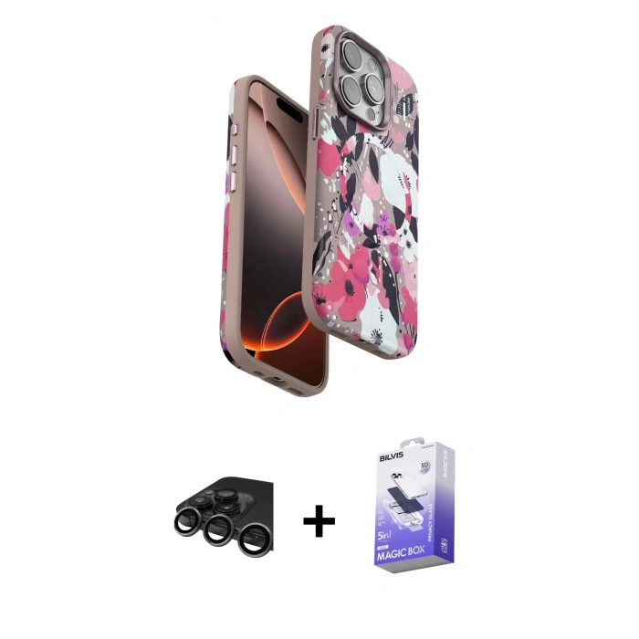 MARSİLYAN™- iPhone 15 Pro Kılıf Siluet Doku - Siyah Bilvis 5in1 5D Magic Hayalet Cam Ekran Koruyucu + Raze Metal Kamera Lens - TMGI
