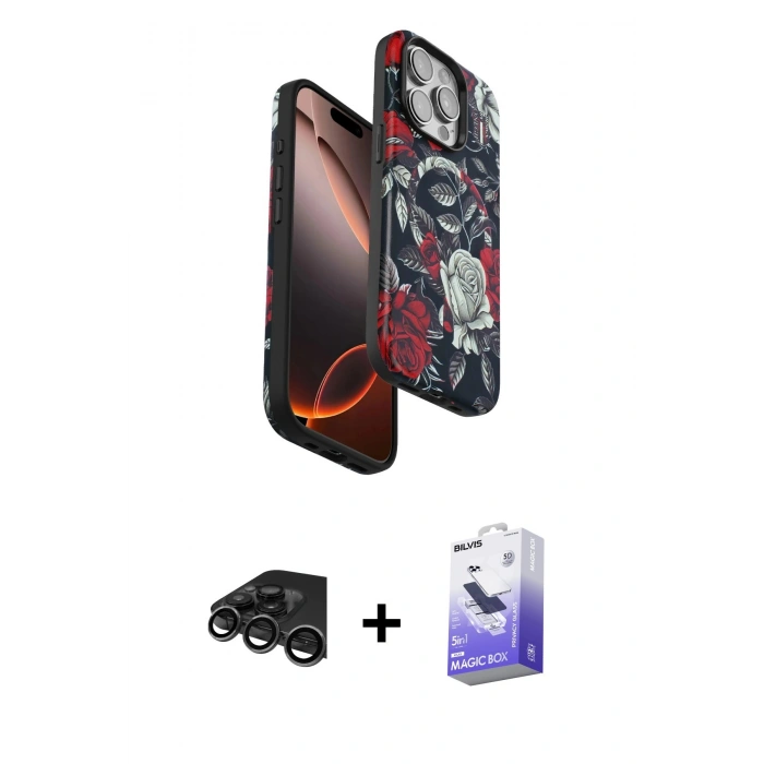 MARSİLYAN™- iPhone 15 Pro Kılıf Siluet Doku - Siyah Bilvis 5in1 5D Magic Hayalet Cam Ekran Koruyucu + Raze Metal Kamera Lens - TMGI