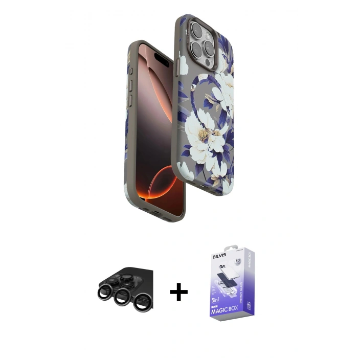 MARSİLYAN™- iPhone 15 Pro Kılıf Siluet Doku - Siyah Bilvis 5in1 5D Magic Hayalet Cam Ekran Koruyucu + Raze Metal Kamera Lens - TMGI