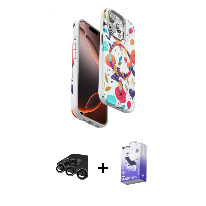 MARSİLYAN™- iPhone 15 Pro Kılıf Siluet Doku - Siyah Bilvis 5in1 5D Magic Hayalet Cam Ekran Koruyucu + Raze Metal Kamera Lens - TMGI
