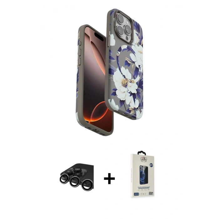 MARSİLYAN™- iPhone 15 Pro Kılıf Siluet Doku - Siyah Bilvis Hayalet Cam Ekran Koruyucu + Raze Metal Kamera Lens - TMGI