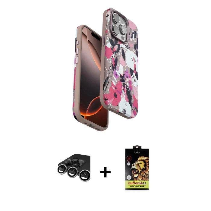 MARSİLYAN™- iPhone 15 Pro Kılıf Siluet Doku - Siyah Buffer Cam Ekran Koruyucu + Raze Metal Kamera Lens - GS