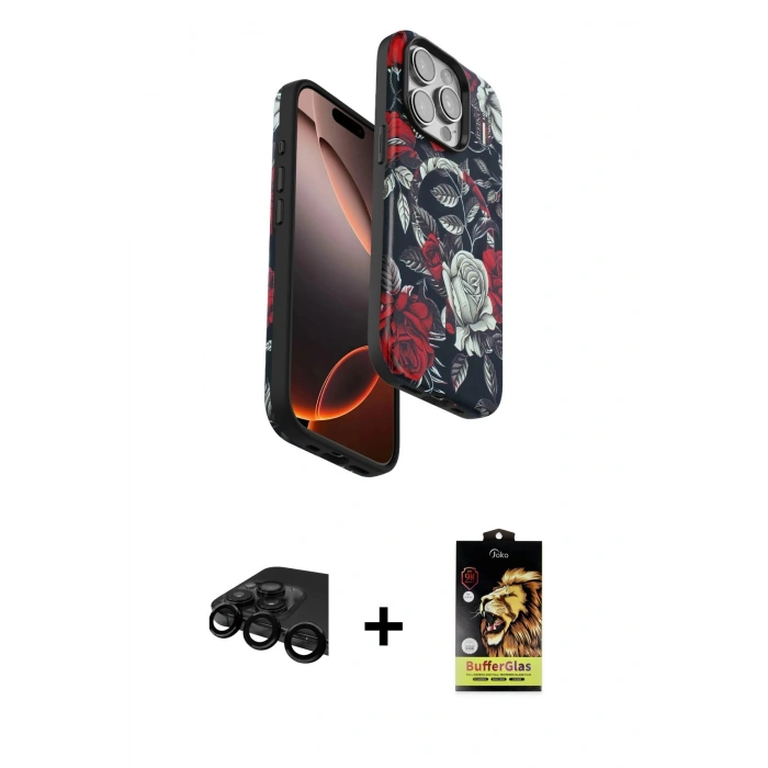 MARSİLYAN™- iPhone 15 Pro Kılıf Siluet Doku - Siyah Buffer Cam Ekran Koruyucu + Raze Metal Kamera Lens - SH