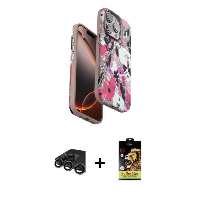 MARSİLYAN™- iPhone 15 Pro Kılıf Siluet Doku - Siyah Buffer Cam Ekran Koruyucu + Raze Metal Kamera Lens - TMGI