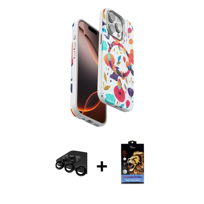 MARSİLYAN™- iPhone 15 Pro Kılıf Siluet Doku - Siyah Buffer Hayalet Cam Ekran Koruyucu + Raze Metal Kamera Lens - SH