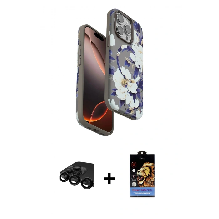 MARSİLYAN™- iPhone 15 Pro Kılıf Siluet Doku - Siyah Buffer Hayalet Cam Ekran Koruyucu + Raze Metal Kamera Lens - SH