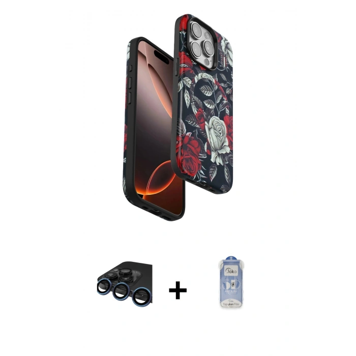 MARSİLYAN™- iPhone 15 Pro Kılıf Siluet Doku - Siyah Joko Magic 5D Cam + Raze Metal Kamera Lens - LT