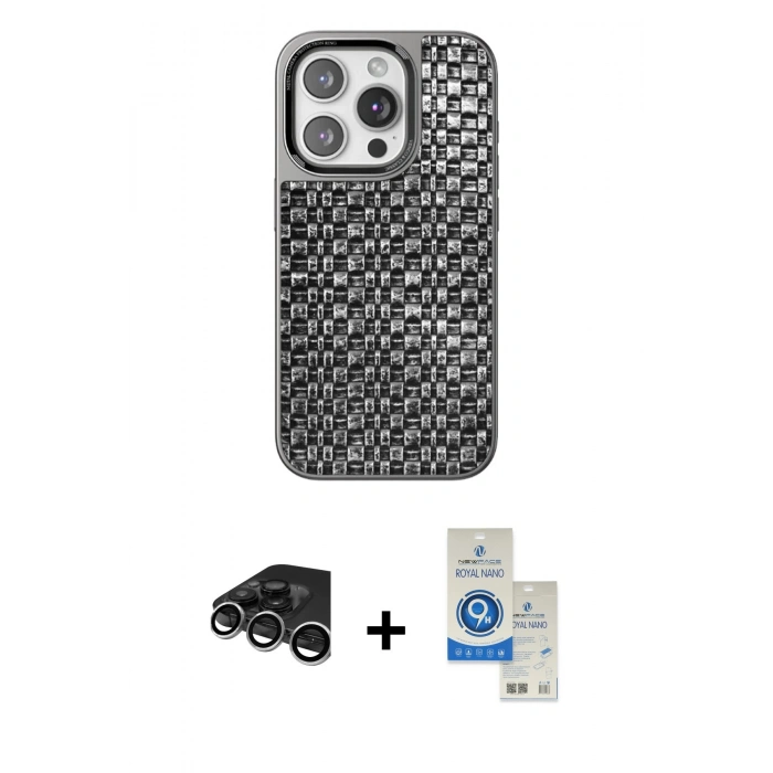 MARSİLYAN™- iPhone 15 Pro Kılıf Siluet Form Serisi - Şeffaf Royal Nano Ekran Koruyucu + Raze Metal Kamera Lens - GS