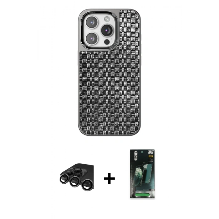 MARSİLYAN™- iPhone 15 Pro Kılıf Siluet Form Serisi - Siyah 360 Mat Full Body Arka Koruyucu + Raze Metal Kamera Lens - TMGI