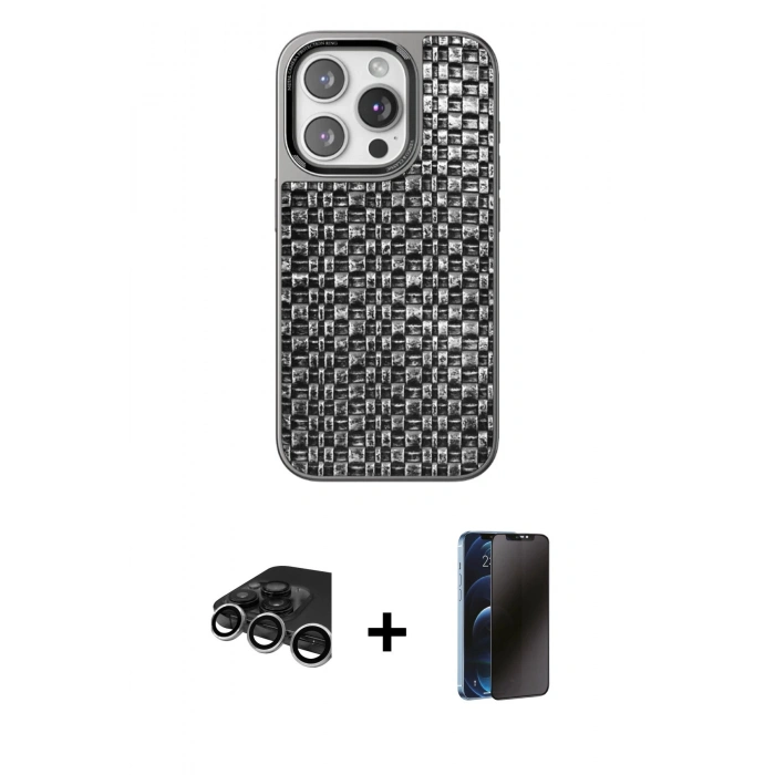 MARSİLYAN™- iPhone 15 Pro Kılıf Siluet Form Serisi - Siyah 3D Antistatik Hayalet Cam Ekran Koruyucu + Raze Metal Kamera Lens - GS