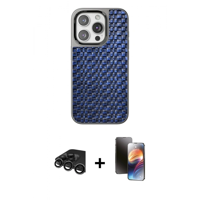 MARSİLYAN™- iPhone 15 Pro Kılıf Siluet Form Serisi - Siyah 3D Antistatik Mat Seramik Nano Ekran Koruyucu + Titanyum Gri Raze Metal Kamera Lens