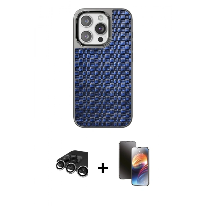 MARSİLYAN™- iPhone 15 Pro Kılıf Siluet Form Serisi - Siyah 3D Antistatik Mat Seramik Nano Ekran Koruyucu + Raze Metal Kamera Lens - GS