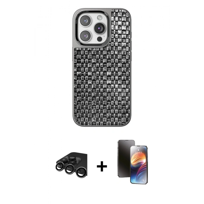 MARSİLYAN™- iPhone 15 Pro Kılıf Siluet Form Serisi - Siyah 3D Antistatik Mat Seramik Nano Ekran Koruyucu + Titanyum Gri Raze Metal Kamera Lens