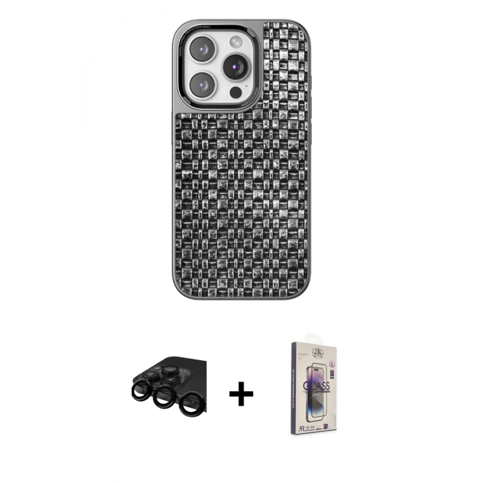 MARSİLYAN™- iPhone 15 Pro Kılıf Siluet Form Serisi - Siyah Bilvis 3D Cam Ekran Koruyucu + Raze Metal Kamera Lens - SH