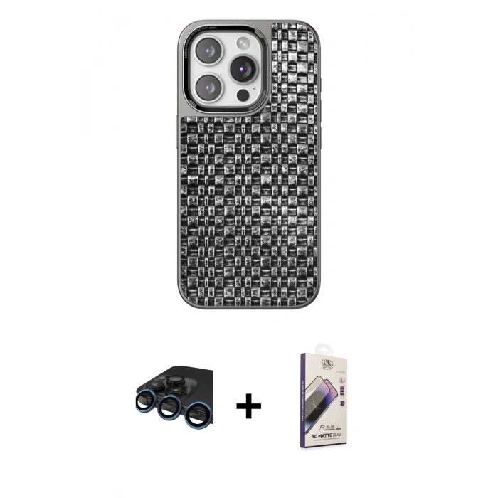 MARSİLYAN™- iPhone 15 Pro Kılıf Siluet Form Serisi - Siyah Bilvis 3D Mat Cam Ekran Koruyucu + Raze Metal Kamera Lens - LT