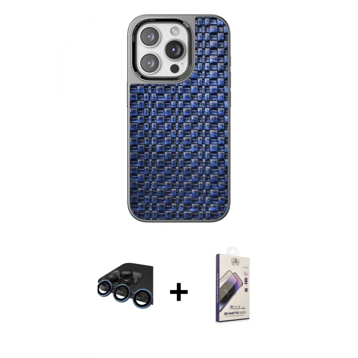 MARSİLYAN™- iPhone 15 Pro Kılıf Siluet Form Serisi - Siyah Bilvis 3D Mat Cam Ekran Koruyucu + Raze Metal Kamera Lens - LT