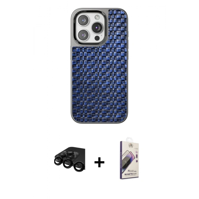 MARSİLYAN™- iPhone 15 Pro Kılıf Siluet Form Serisi - Siyah Bilvis 3D Mat Cam Ekran Koruyucu + Siyah Raze Metal Kamera Lens