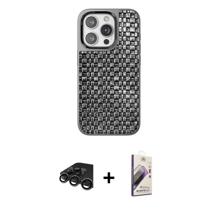 MARSİLYAN™- iPhone 15 Pro Kılıf Siluet Form Serisi - Siyah Bilvis 3D Mat Cam Ekran Koruyucu + Raze Metal Kamera Lens - TMGI