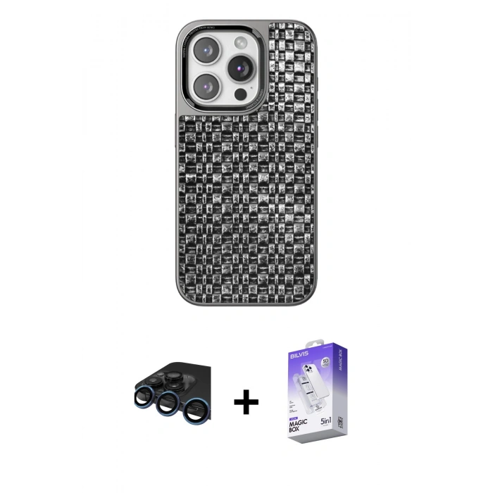 MARSİLYAN™- iPhone 15 Pro Kılıf Siluet Form Serisi - Siyah Bilvis 5in1 3D Magic Cam Ekran Koruyucu + Raze Metal Kamera Lens - LT