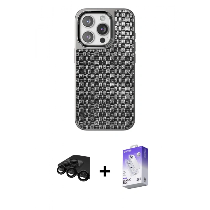 MARSİLYAN™- iPhone 15 Pro Kılıf Siluet Form Serisi - Siyah Bilvis 5in1 3D Magic Cam Ekran Koruyucu + Raze Metal Kamera Lens - SH