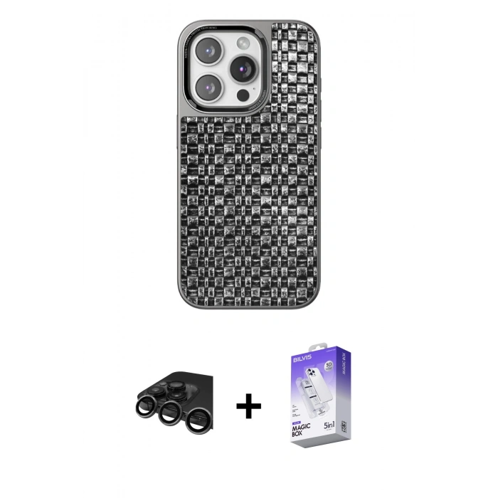 MARSİLYAN™- iPhone 15 Pro Kılıf Siluet Form Serisi - Siyah Bilvis 5in1 3D Magic Cam Ekran Koruyucu + Raze Metal Kamera Lens - TMGI