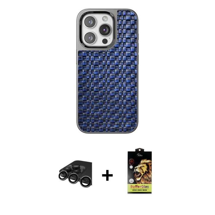 MARSİLYAN™- iPhone 15 Pro Kılıf Siluet Form Serisi - Siyah Buffer Cam Ekran Koruyucu + Raze Metal Kamera Lens - TMGI