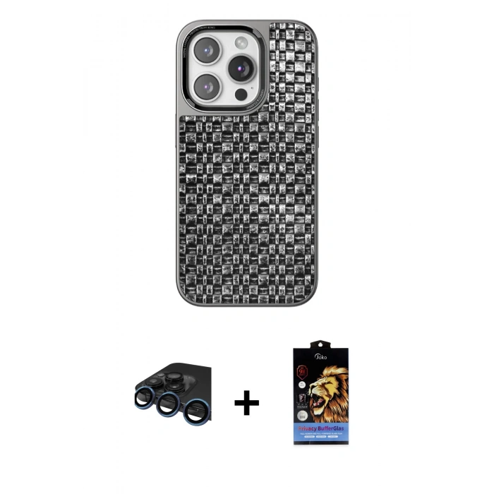 MARSİLYAN™- iPhone 15 Pro Kılıf Siluet Form Serisi - Siyah Buffer Hayalet Cam Ekran Koruyucu + Lacivert Raze Metal Kamera Lens