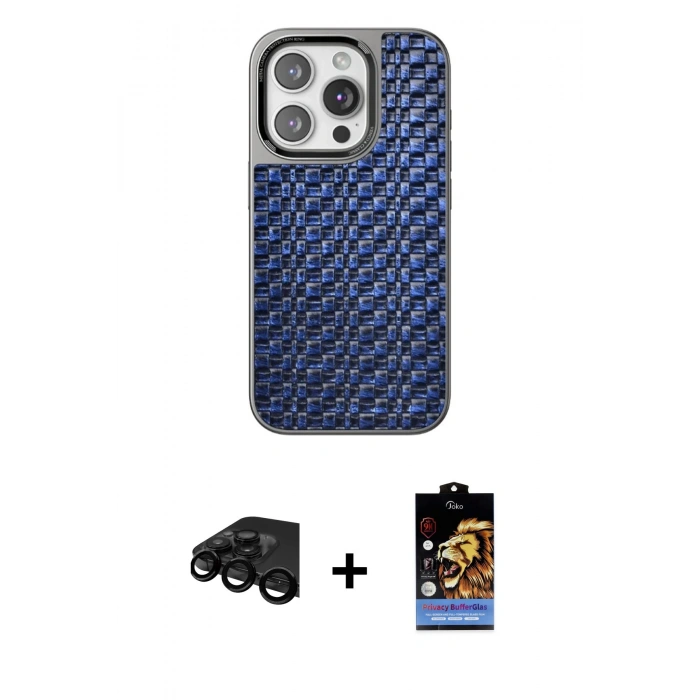 MARSİLYAN™- iPhone 15 Pro Kılıf Siluet Form Serisi - Siyah Buffer Hayalet Cam Ekran Koruyucu + Siyah Raze Metal Kamera Lens