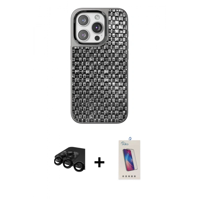 MARSİLYAN™- iPhone 15 Pro Kılıf Siluet Form Serisi - Siyah Joko 5D Cam + Raze Metal Kamera Lens - SH