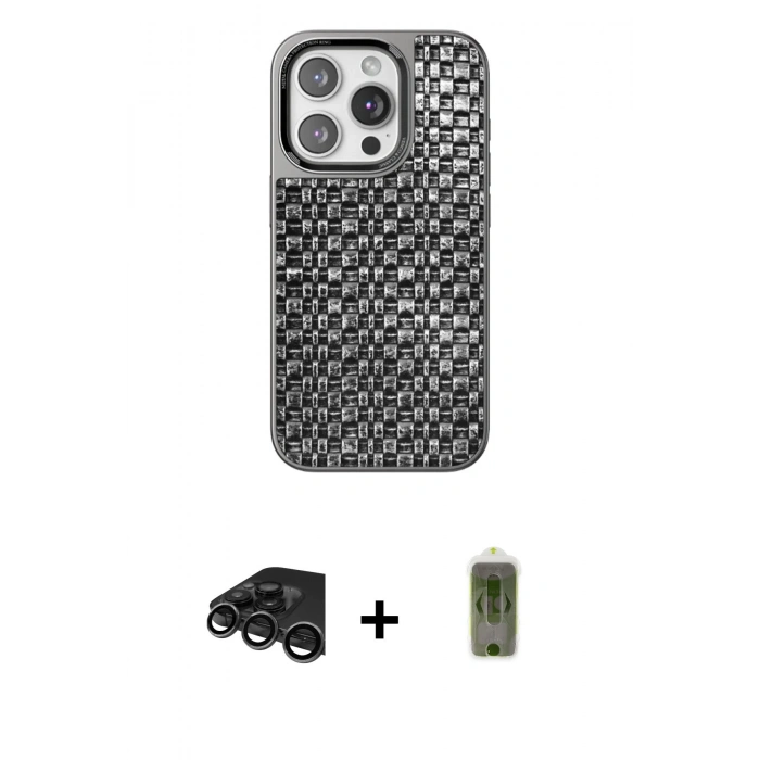 MARSİLYAN™- iPhone 15 Pro Kılıf Siluet Form Serisi - Siyah Joko Magic 5D Hayalet Cam + Titanyum Gri Raze Metal Kamera Lens