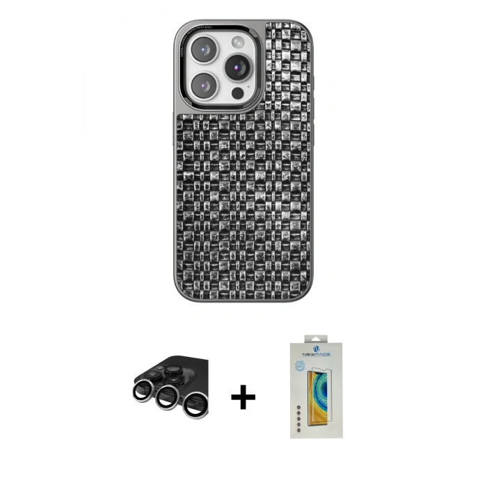 MARSİLYAN™- iPhone 15 Pro Kılıf Siluet Form Serisi - Siyah Polymer Nano Ekran Koruyucu + Raze Metal Kamera Lens - GS