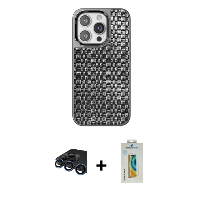 MARSİLYAN™- iPhone 15 Pro Kılıf Siluet Form Serisi - Siyah Polymer Nano Ekran Koruyucu + Raze Metal Kamera Lens - LT