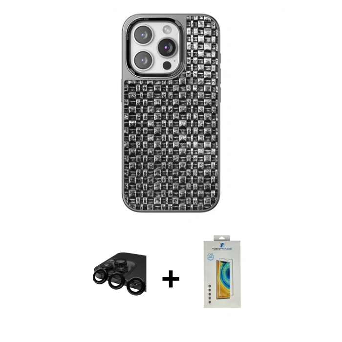MARSİLYAN™- iPhone 15 Pro Kılıf Siluet Form Serisi - Siyah Polymer Nano Ekran Koruyucu + Siyah Raze Metal Kamera Lens