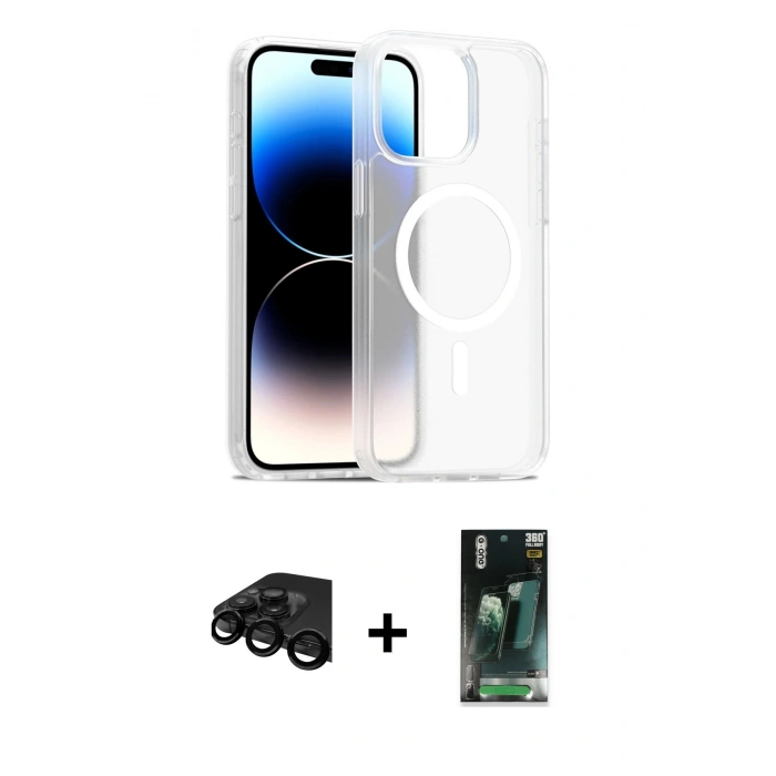 MARSİLYAN™- iPhone 15 Pro Kılıf Siluet Minimal Prime - Şeffaf 360 Full Body Arka Koruyucu + Siyah Raze Metal Kamera Lens
