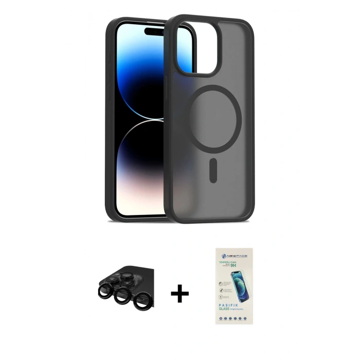 MARSİLYAN™- iPhone 15 Pro Kılıf Siluet Minimal Prime - Şeffaf Pasifik Cam Ekran Koruyucu + Raze Metal Kamera Lens - SH