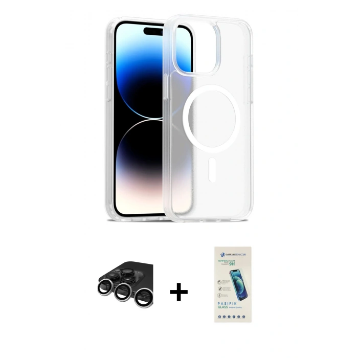 MARSİLYAN™- iPhone 15 Pro Kılıf Siluet Minimal Prime - Şeffaf Pasifik Cam Ekran Koruyucu + Raze Metal Kamera Lens - GS